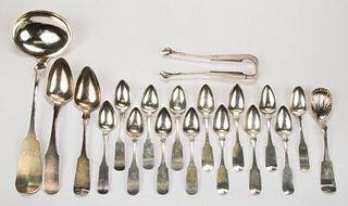 PENNSYLVANIA COIN SILVER SPOONS AND SERVING UTENSILS, LOT OF 19