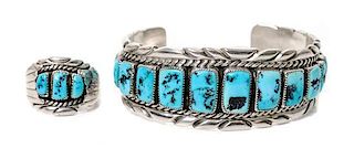 A Navajo Silver and Turquoise Bracelet and Ring, Henry Morris Length 6 x opening 1 1/2 x width 1 inches.