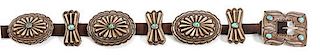 A Silver and Turquoise Concha Belt Length 36 1/2 inches; height of concho 2 1/4 ; height of buckle 2 inches.