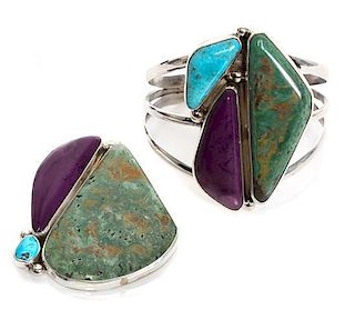A Santa Clara Silver, Turquoise and Sugilite Bracelet and Pendant, Adam Fierro Length of bracelet 5 3/4 x opening 1 1/2 x width