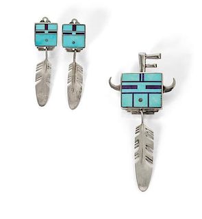 A Navajo Silver, Turquoise and Sugilite Brooch/Pendant and Matching Earrings, Ray Tracey Height of brooch 3 inches.