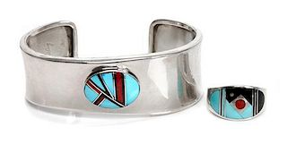 A Navajo Silver Inlaid Ring, Ray Tracey