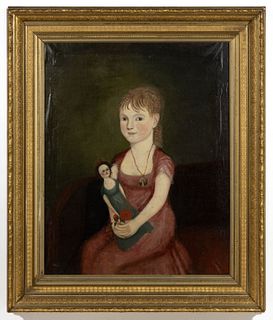 VERY FINE ZEDEKIAH BELKNAP (1781-1858), ATTRIBUTED, FOLK ART PORTRAIT OF A GIRL WITH DOLL