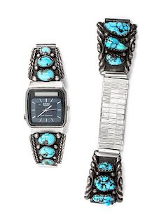 Two Southwestern Silver and Turquoise Watch Bands