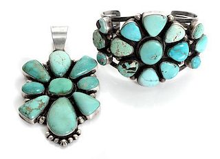 A Navajo Silver and Turquoise Bracelet, Bobby Johnson Length of bracelet 5 1/2 x opening 2 1/2 x width 2 1/8 inches.