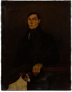 AMERICAN SCHOOL (19TH CENTURY) FOLK ART PORTRAIT OF A YOUNG MAN WITH DOG
