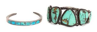 A Navajo Silver and Turquoise Five Stone Bracelet Length of first 6 x opening 1 x width 1 1/4 inches.