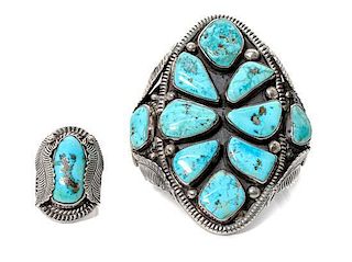 A Large Navajo Silver and Turquoise Bracelet and Ring, Jimmy Victor Begay Length 5 1/2 x opening 1 1/2 x width 3 12/ inches.