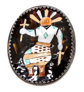 A Large Navajo Mosaic Inlay Gan Dancer Bracelet, Billison Length 5 1/2 x opening 1 1/4; decoration 4 1/2 x 3 inches (approx.)