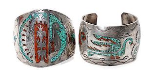 A Navajo Silver Chip Inlay Bracelet, Kevin Kayana Length 6 x opening 1 1/2 x width 2 inches (approx.)