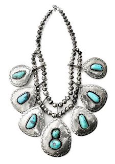 A Navajo Silver and Turquoise Shadow Box Necklace Length 14 1/2 inches (approx.)