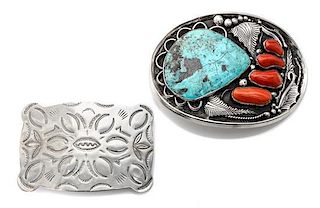 A Large Southwestern Silver, Turquoise and Coral Belt Buckle 5 1/2 x 4 inches.