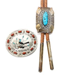 A Southwestern Silver and Turquoise Bolo, Allan McCabe Height of bolo 3 x width 2 inches.