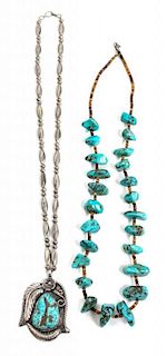 Two Southwestern Silver and Turquoise Necklaces Lenght of longest 23 inches.
