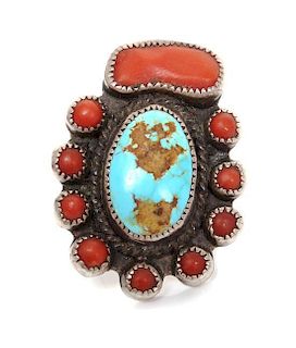 A Southwestern Silver, Turquoise and Coral Ring