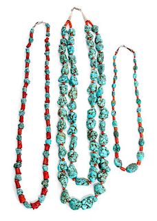 Three Southwestern Turquoise and Coral Necklaces Length of longest 32 inches.