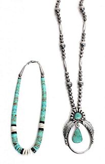 Two Southwestern Silver and Turquoise Necklaces Length of longer 26 inches.