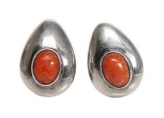 A Pair of Silver and Coral Earclips