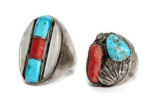 Two Southwestern Silver, Turquoise and Coral Rings Length of larger 1 1/4 inches.