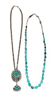 Two Southwestern Silver and Turquoise Necklaces Length of longest chain 25 inches; pendant 4 x 2 inches.