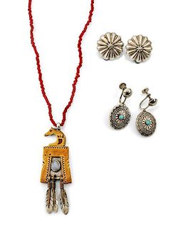 Three Southwestern Jewelry Items Length of pendant 2 1/2 inches.