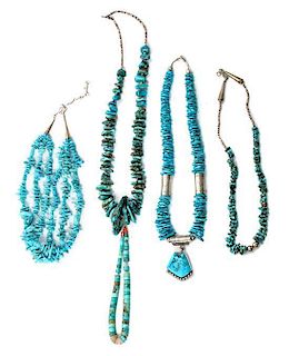Four Southwestern Turquoise Necklaces Lenght of longest 24 inches.