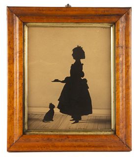AUGUSTE EDOUART (FRENCH / AMERICAN, 1789-1861) CUT-AND-PASTED SILHOUETTE OF A GIRL AND CAT