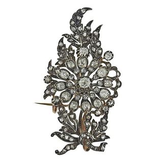 Antique Silver 14k Gold Diamond Brooch Pendant