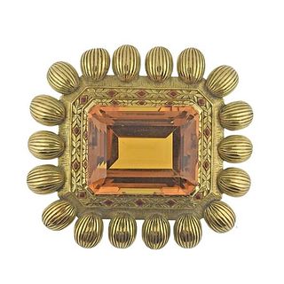 Antique 18k Gold Citrine Enamel Brooch Pin