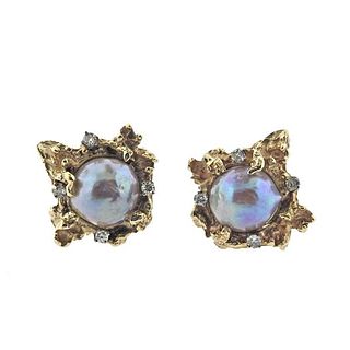1970s 14k Gold Pearl Diamond Free Form Earrings