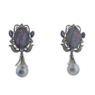 18k Gold Diamond Pearl Black Opal Doblet Sapphire Earrings