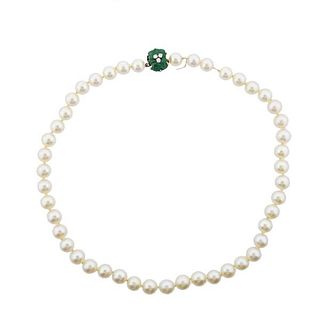 Midcentury 14k Gold Pearl Jade Diamond Necklace