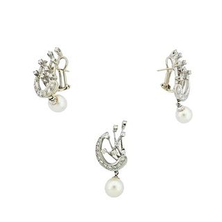 Midcentury 14k Gold Diamond Pearl Earrings Pendant Set