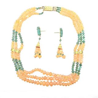 20k Gold Fire Opal Bead Emerald Necklace Earrings Set