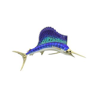 14K Gold Enamel Blue Marlin Fish Brooch Pin
