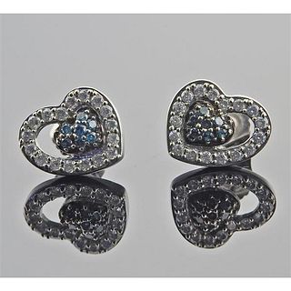 14K Gold Blue White Diamond Heart Earrings