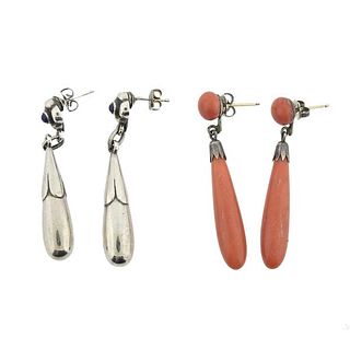 Georg Jensen Silver Lapis and Antique Victorian Coral Earrings Lot 2pc