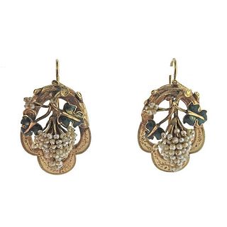 Antique Seed Pearl Grape Enamel Gold Earrings