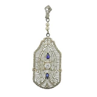 Art Deco Filigree 14k Gold Diamond Pendant 