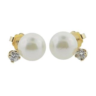 14k Gold Diamond Pearl Stud Earrings