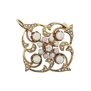 Antique 14k Diamond Opal Pearl Brooch Pendant