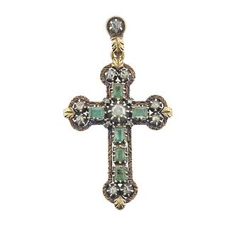 Continental 18K Gold Silver Diamond Emerald Cross Pendant