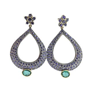 14k Gold Silver Emerald Sapphire Drop Earrings