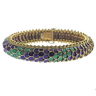 Italian Retro 18k Gold Diamond Blue Green Enamel Serpent Bracelet