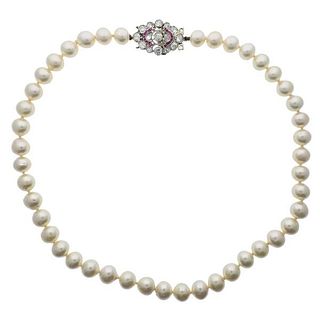 Art Deco Platinum 18k Gold Diamond Ruby Pearl Necklace