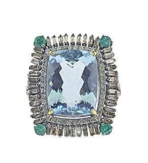 14k Gold Silver Diamond Aquamarine Emerald Cocktail Ring