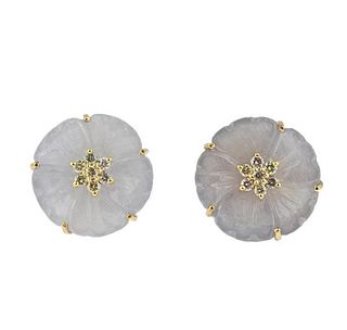 18k Gold Carved Sapphire Diamond Flower Earrings