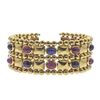 18k Gold Cabochon Ruby Sapphire Wide Cuff Bracelet