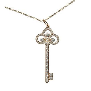 Tiffany &amp; Co Fleur de Lis 18k Gold Diamond Key Pendant Necklace
