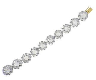 14k Gold Silver Moonstone Diamond Cluster Link Bracelet